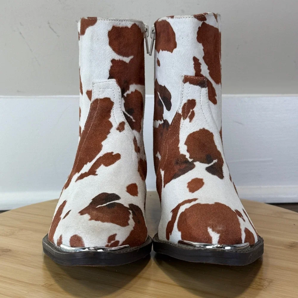 Good Arider Girl Cow Print Western Ankle Boots Women's 7 Brown White Zip Toe